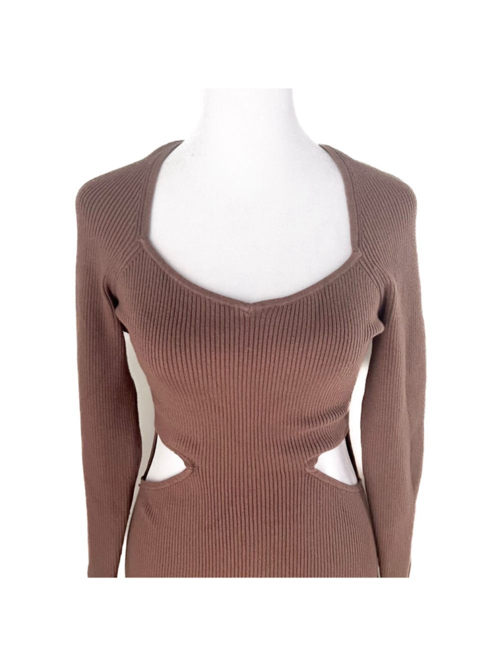 NWT Abercrombie & Fitch Ribbed Cutout Sweater Midi Dress Brown/Taupe L Bodycon - Picture 4 of 10
